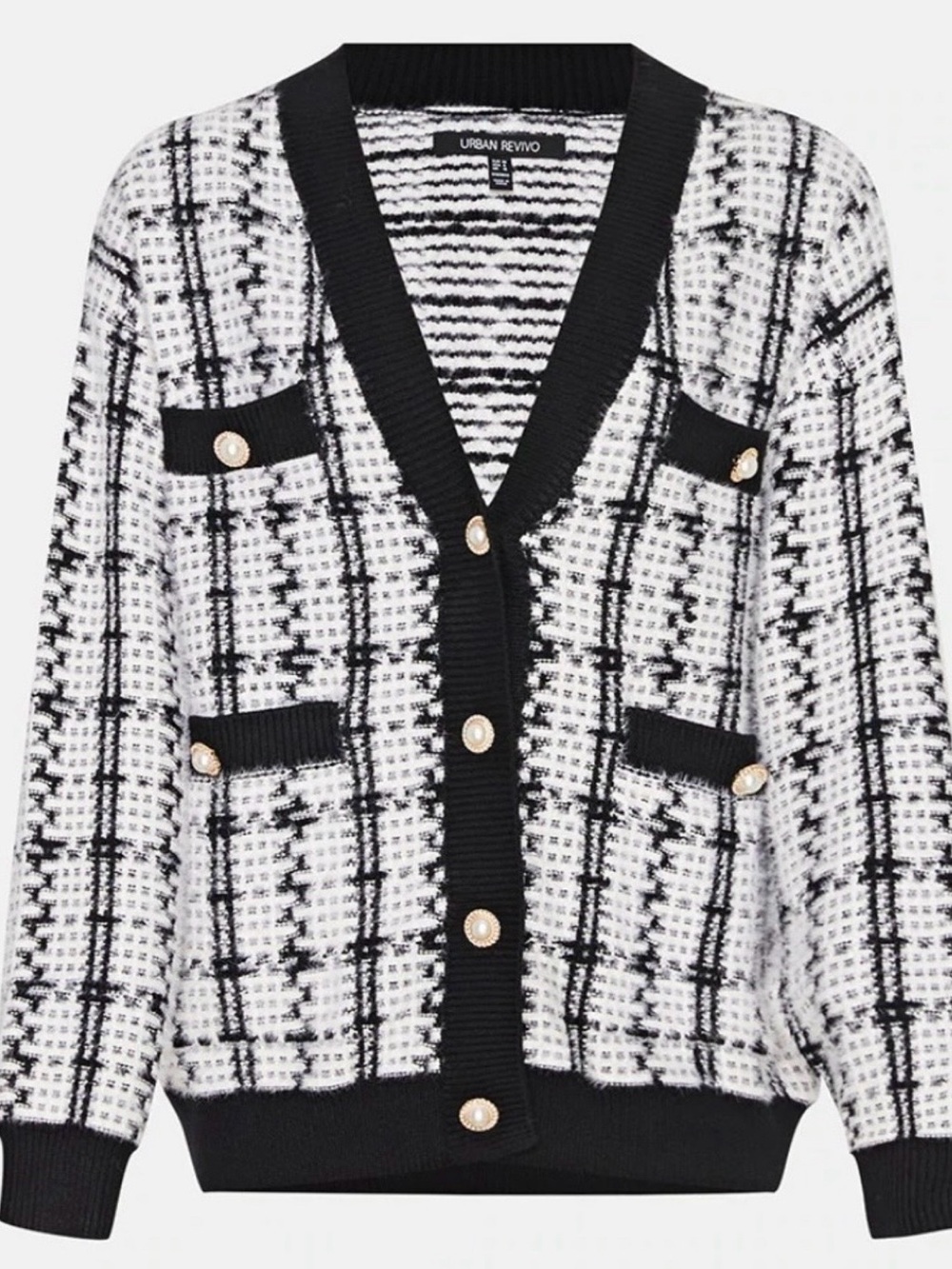 Urban Revivo Black & White Tweed Pocket Cardigan